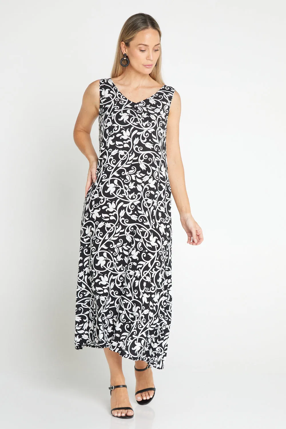 Sienna Sleeveless Midi Dress - Black Floral Flourish