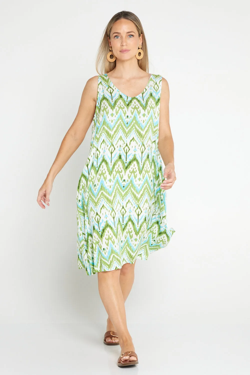 Sienna Sleeveless Petite Length Dress - Green/Aqua Ikat