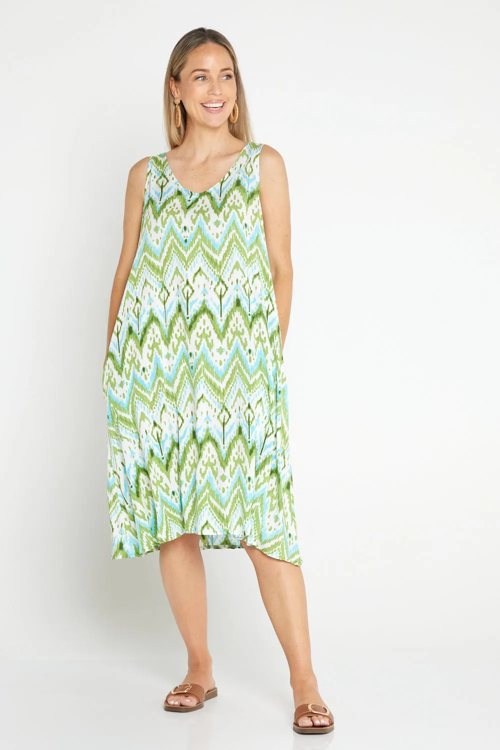 Sienna Sleeveless Petite Length Dress - Green/Aqua Ikat