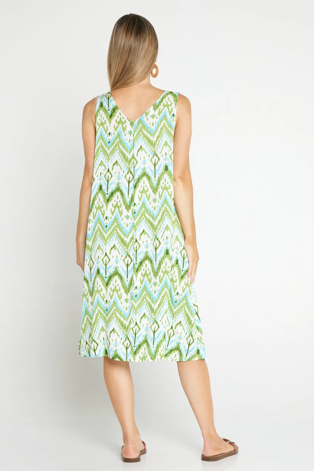 Sienna Sleeveless Petite Length Dress - Green/Aqua Ikat