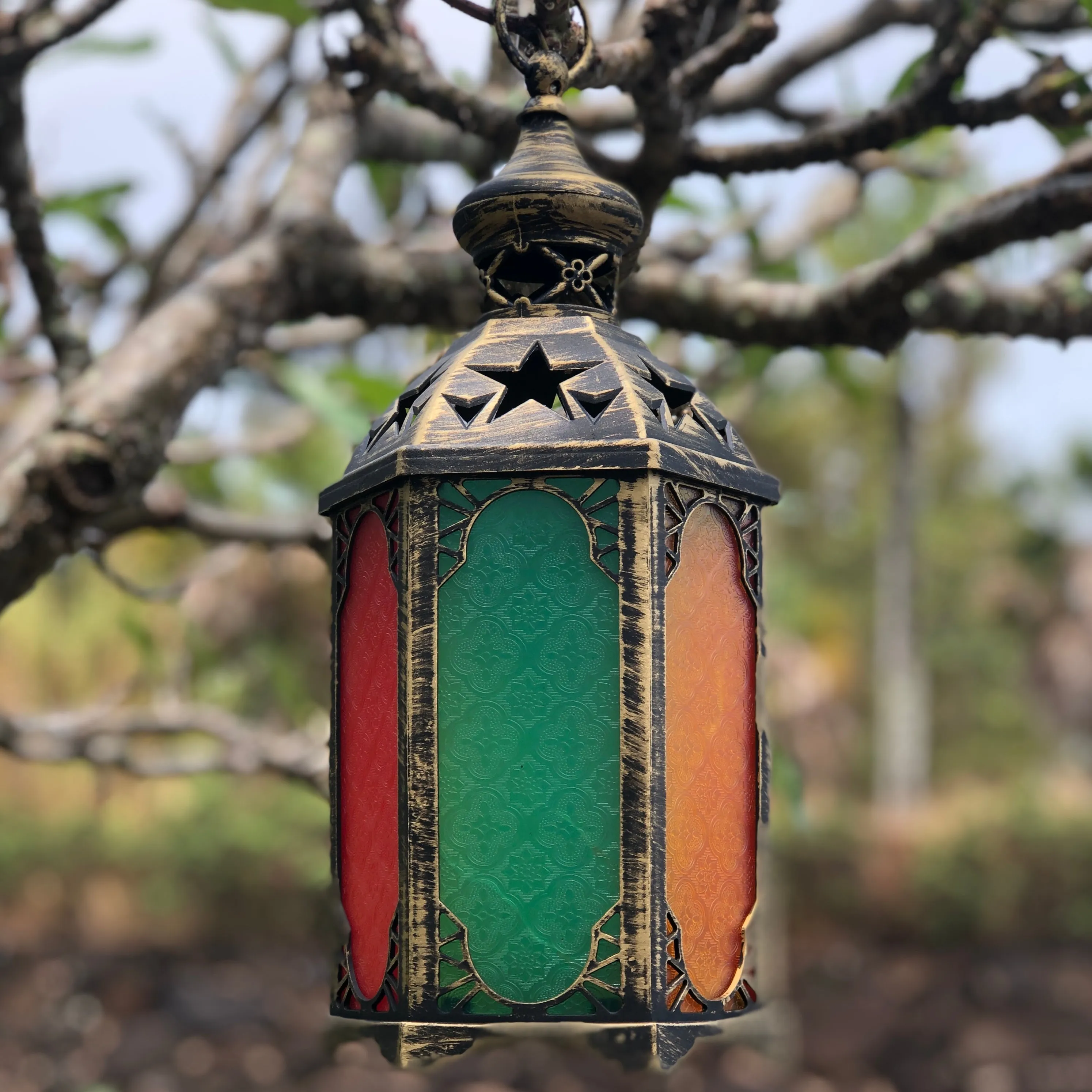 Tall Hexagon LED Lantern with coloured panels (16.5 x 37.5cm)