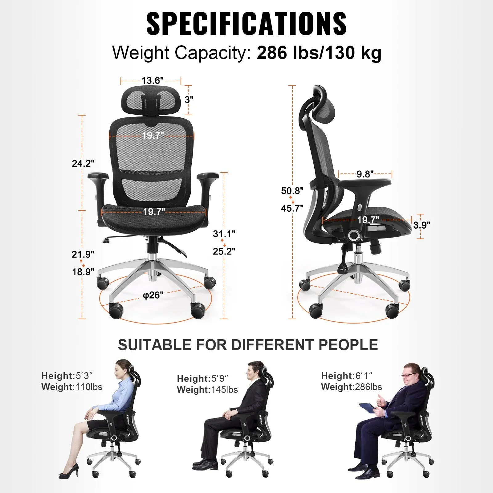 Vevor Ergonomic Office Chair Mesh with Adjustable Tilt Angle and Head Support New